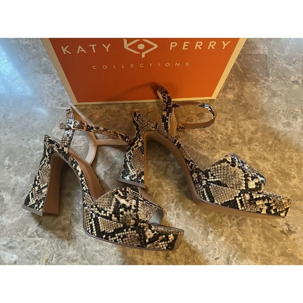 Katy Perry NEW Square Open Sandals Shoes Women Size 10 Animal Snake Print Heels